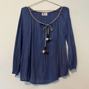 Christian Caliendo Blue Embroidered PomPom Quarter 3/4 Sleeve Top